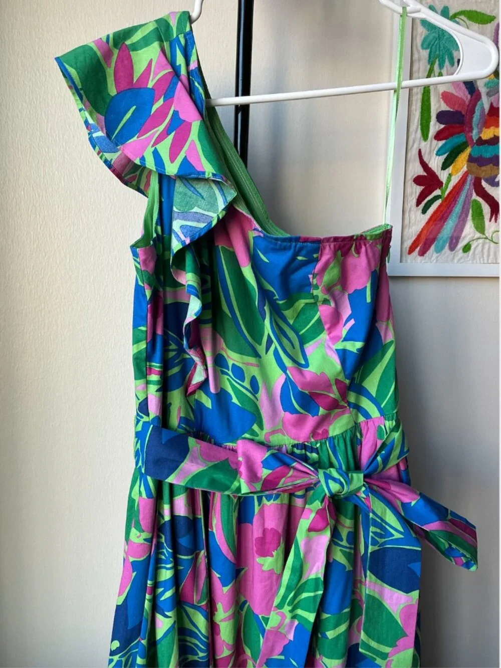 J. Crew One Shoulder Ruffle Floral Green Belted Dress - Size 2